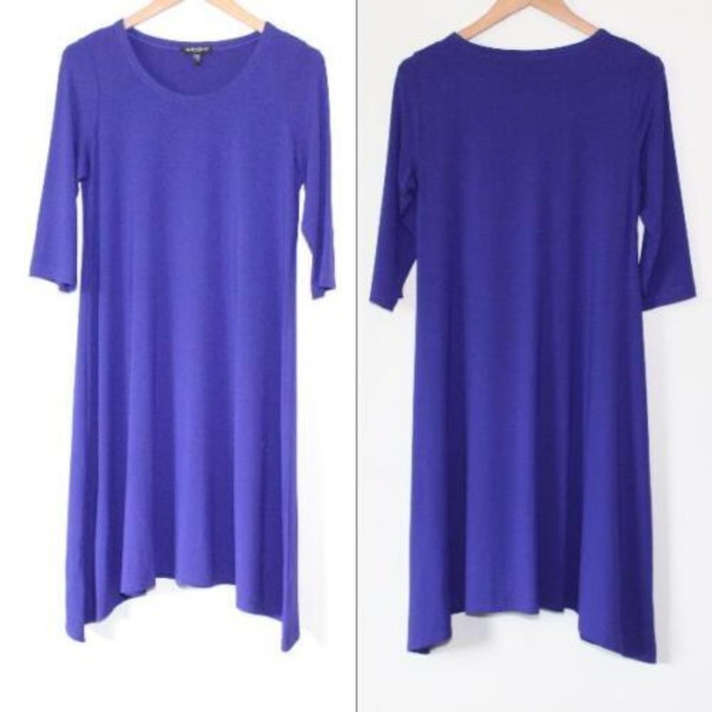 Eileen Fisher Scoop Neck Stretch Asymmetric Dress Purple PM Petite Med H13284 - Picture 11 of 11
